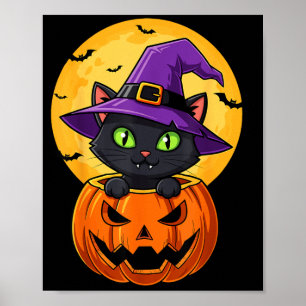 Affiche Chapeau de sorcière chat noir mignon dans citrouil