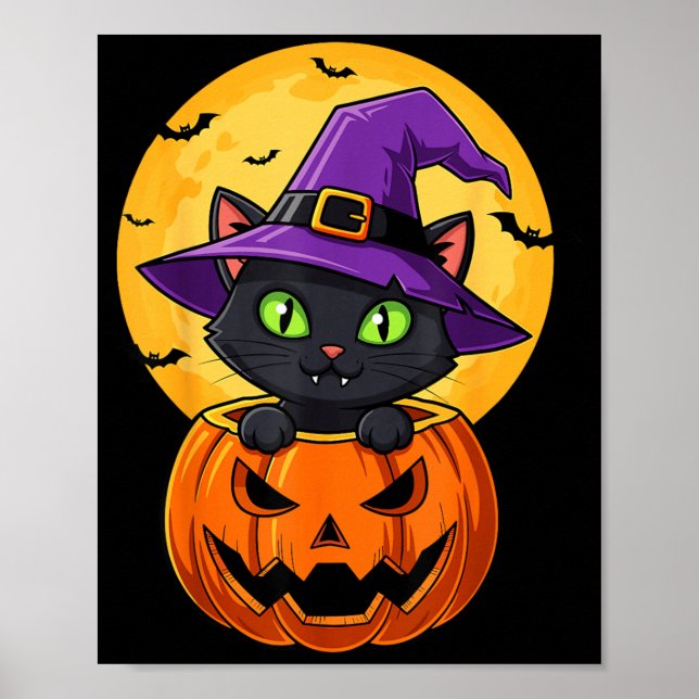 Affiche Chapeau de sorcière chat noir mignon dans citrouil (Devant)