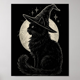 Affiche Chapeau de sorcière chat noir mignon rétro coquett
