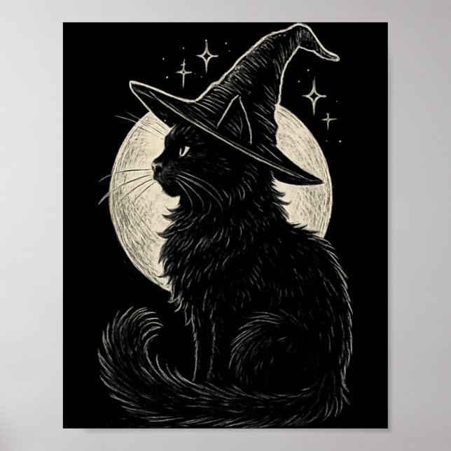 Affiche Chapeau de sorcière chat noir mignon rétro coquett (Devant)