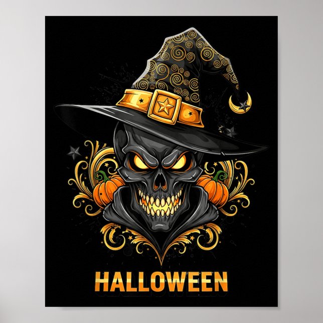 Affiche Chapeau de sorcière crâne effrayant Halloween horr (Devant)