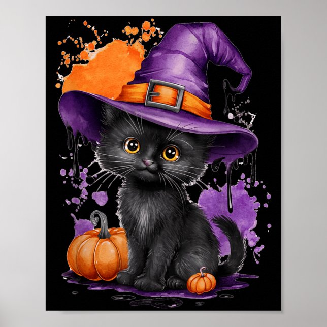 Affiche Chapeau de sorcière de chat noir Halloween mignon  (Devant)