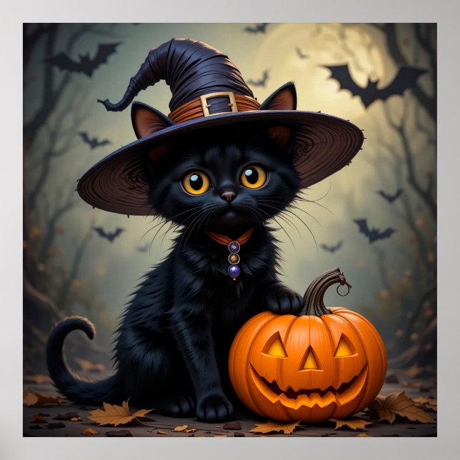 Affiche Chapeau de sorcière de chat noir mignon Épouvantab (Devant)
