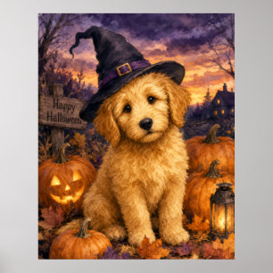 Affiche Chapeau de sorcière Goldendoodle Citrouille