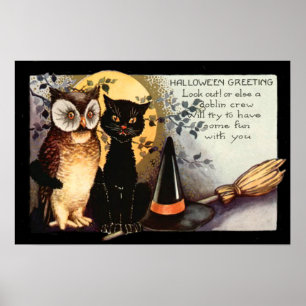 Affiche Chapeau de sorcière pleine lune chat noir hibou