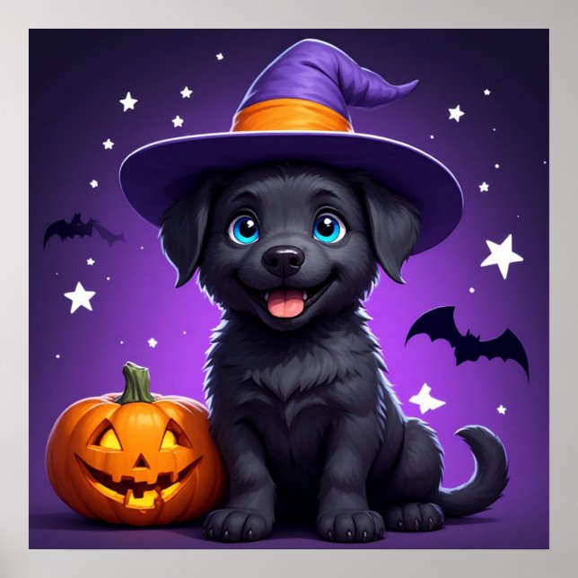 Affiche Chapeau de Sorcière pour Chiots Mignons Halloween  (Devant)