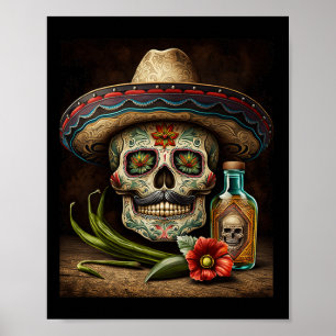 Affiche Chapeau de Tequila Crâne de Sucre Mexicain Cinco D