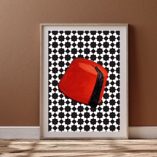 Affiche Chapeau Fez Marocain - Tarboush Rouge avec Carreau