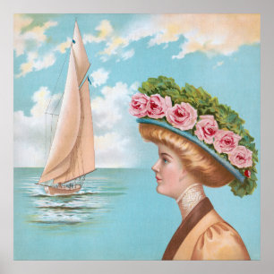 Affiche Chapeau Rose Rose Vintage Dame Bord de Mer Art Voi