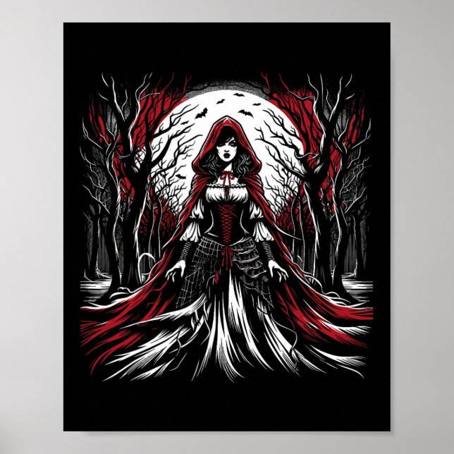 Affiche Chaperon gothique rouge à cheval noir Halloween Éf (Devant)