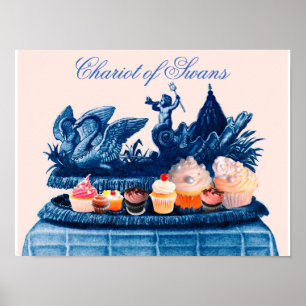 AFFICHE CHAR CHARRETTE ANTIQUE ROSE DE CYGNES ET GATEAUX