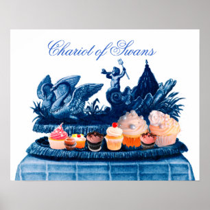 AFFICHE CHAR CHARRETTE ROSE ANTIQUE DE CYGNES ET GATEAUX