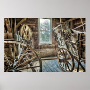 Affiche Chariot couvert, roue de chariot en bois
