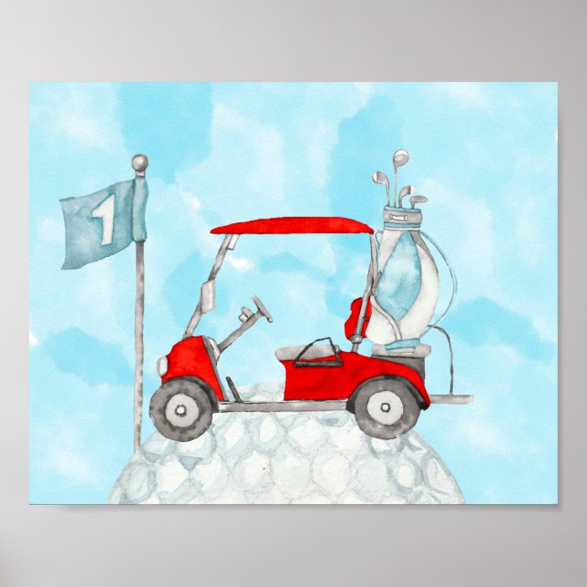 Affiche Chariot de golf avec balle de golf et drapeau d'aq (Devant)