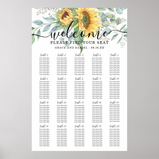 Affiche Chariot de placement de mariage au tournesol rusti (Devant)