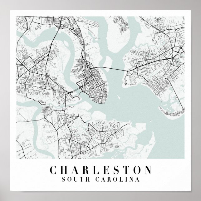 Affiche Charleston Caroline du Sud Blue Water Street Carte (Devant)