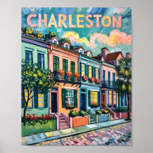 Affiche Charleston Rainbow Row Van Gogh Style peinture à l