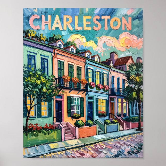 Affiche Charleston Rainbow Row Van Gogh Style peinture à l (Devant)
