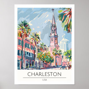 Affiche Charleston USA Illustration d'art vintage de voyag