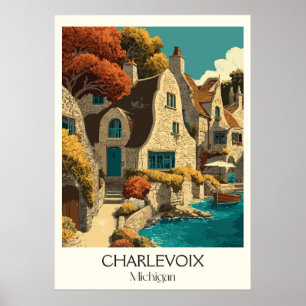 Affiche Charlevoix Michigan Maison de champignons Vintage 