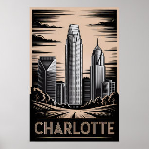 Affiche Charlotte Caroline du Nord Gravure sur bois Noir B
