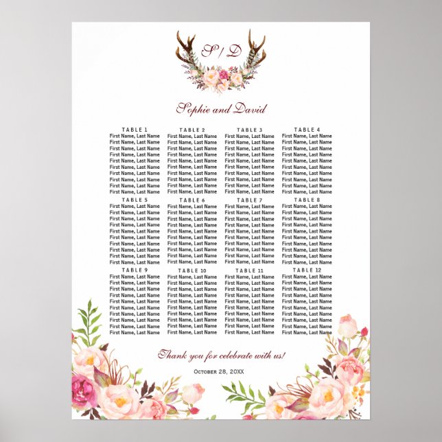 Affiche Charm Blush Flowers Antlers Mariage Seating Chart (Devant)