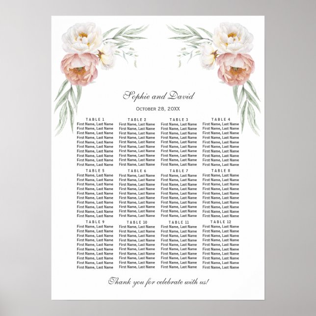 Affiche Charm Dusty Rose Fleurs Mariage Seating Chart (Devant)