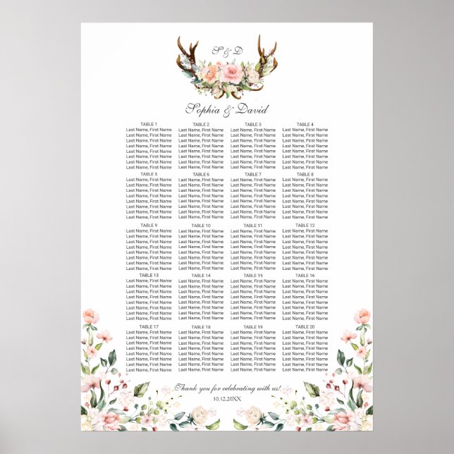 Affiche Charm Rose Blush Floral Antlers Diagramme de siège (Devant)