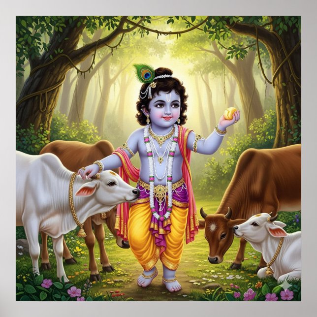 Affiche Charmant Bala Krishna pastoral vert avec veaux  (Devant)
