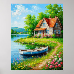Affiche Charmant Cottage au Bord du Lac avec un Bateau