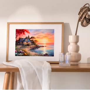 Affiche Charmant Cottage Paysage marin Coucher de soleil p