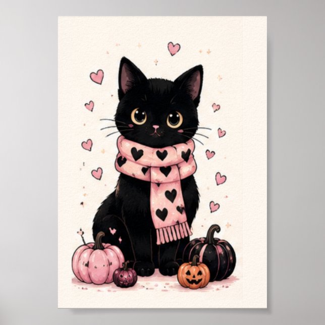Affiche Charmant Écharpe Rose à Cœur Chat Noir (Devant)
