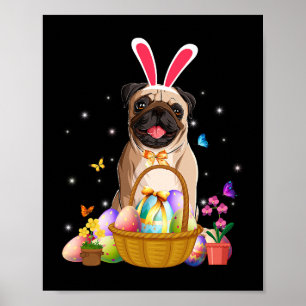 Affiche Charmant lapin Carlin chien avec Panier Oeufs de P