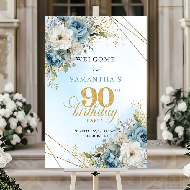 Affiche Charmant Rustique bleu poussiéreux or 90ème annive (Charming Rustic dusty blue gold 90th birthday welcome)