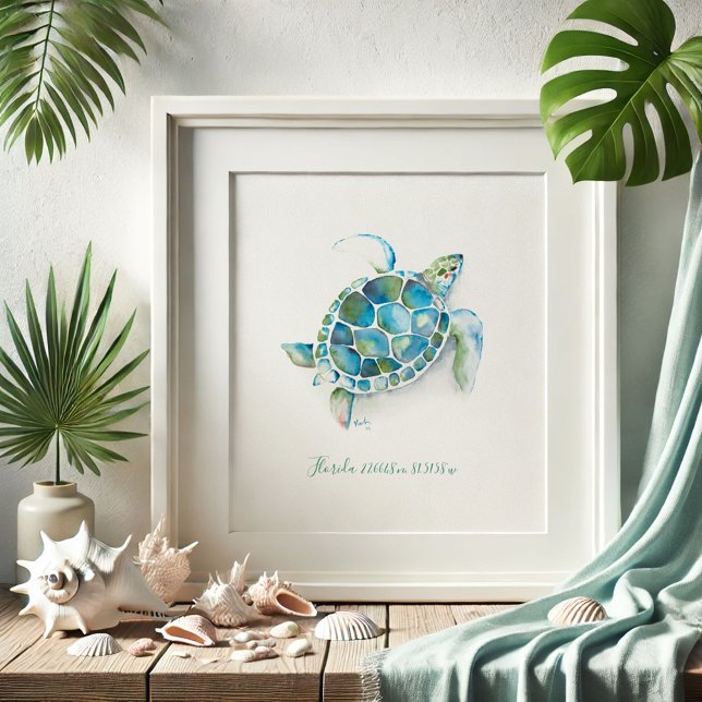 Affiche Charmant turquoise bleu Aquarelle Tortue de mer (Florida beach pictures watercolor sea turtle art by Victoria Grigaliunas of Do Tell A Belle)