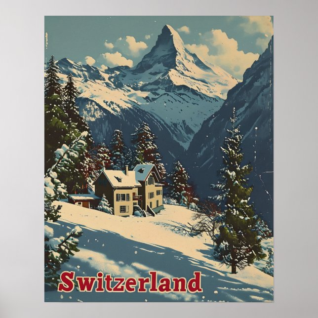 Affiche Charme alpin : Carte postale Village Suisse Vintag (Devant)