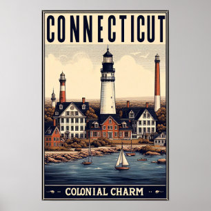 Affiche Charme Colonial du Connecticut Phare Vintage