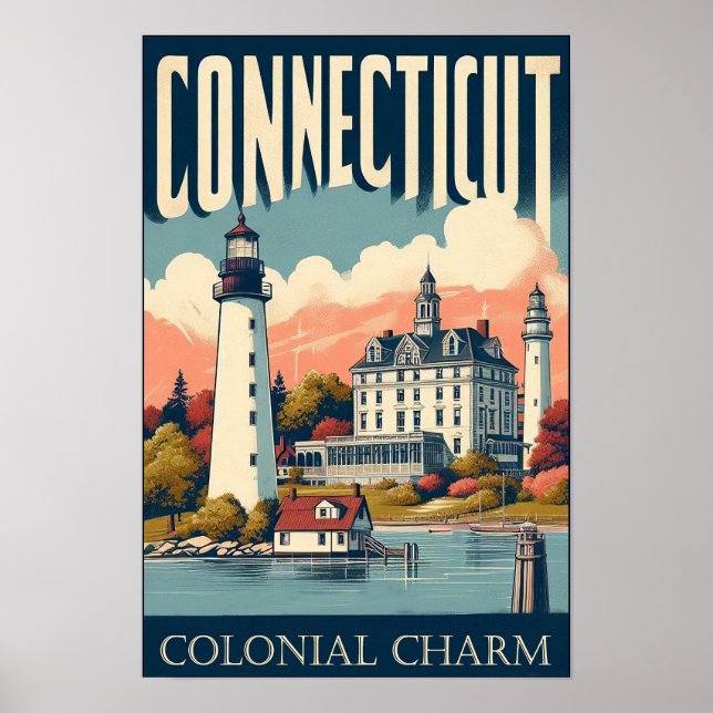 Affiche Charme Colonial du Connecticut Phare Vintage  (Devant)