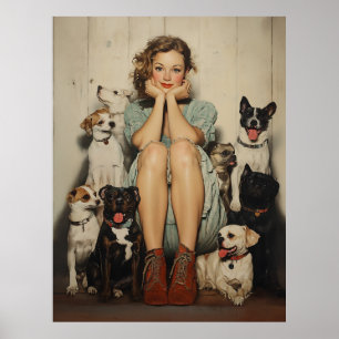 Affiche Charme vintage = Une jeune femme entourée de chien