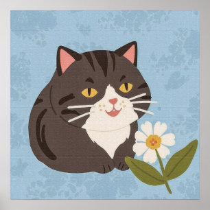 Affiche Charming Cute Grey Chat avec un Chamomile FLower