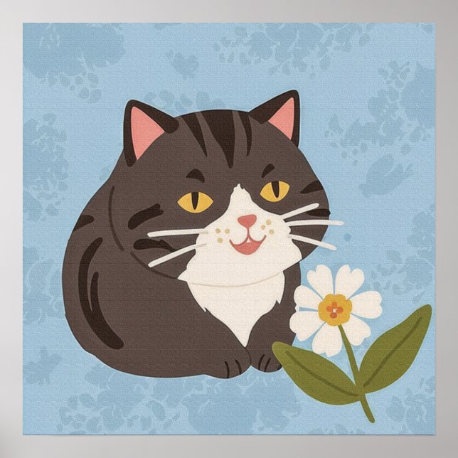 Affiche Charming Cute Grey Chat avec un Chamomile FLower (Devant)