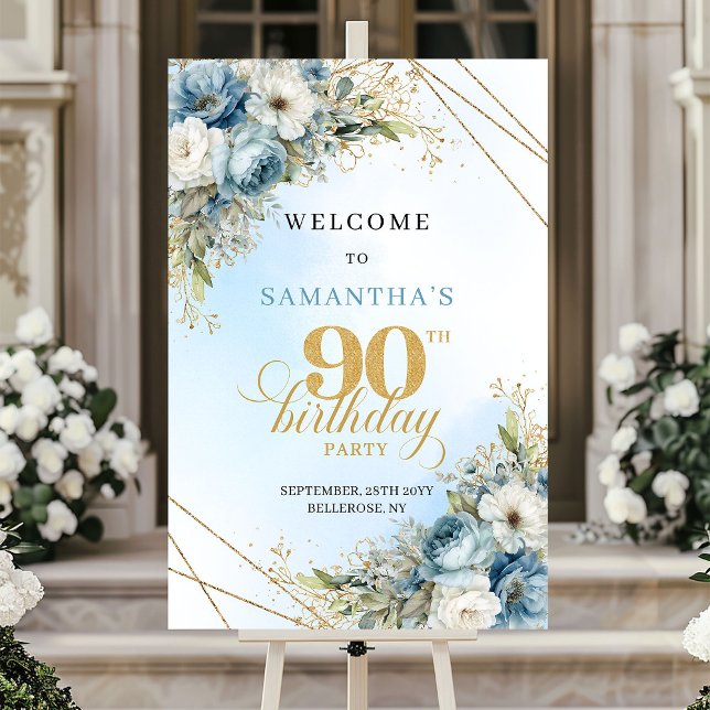 Affiche Charming dusty blue florals gold frame 90 birthday (Charming dusty blue florals gold frame 90th birthday

)