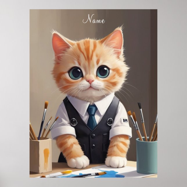 Affiche Charming Ginger Cat Artiste avec pinceaux mignonne (Devant)