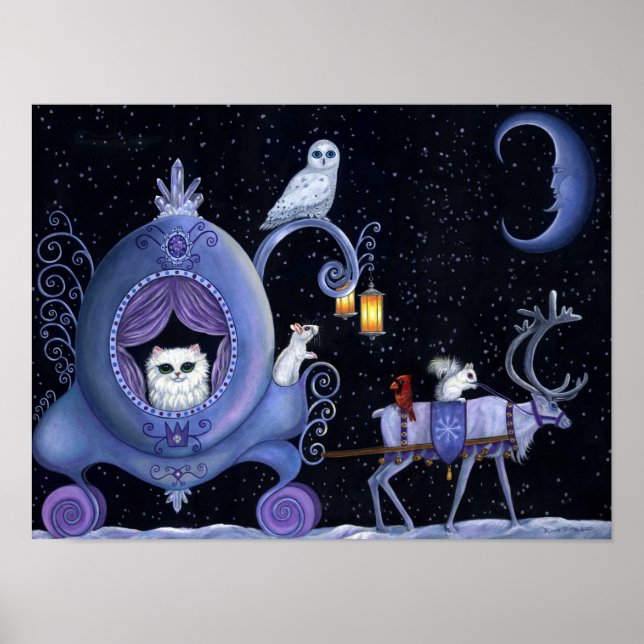 Affiche Charrette bleue de chat Hiver Hibou enneigé Cerf b (Devant)