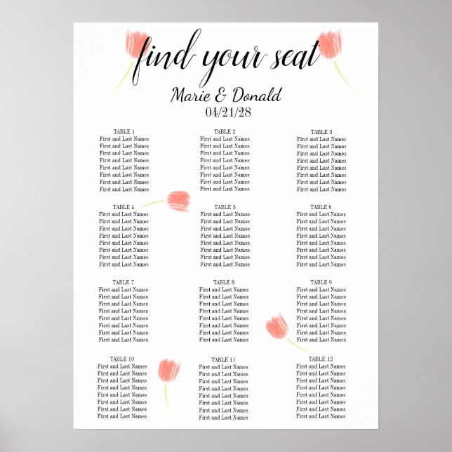 Affiche Chart de placement aux élégantes tulipes roses ten (Devant)