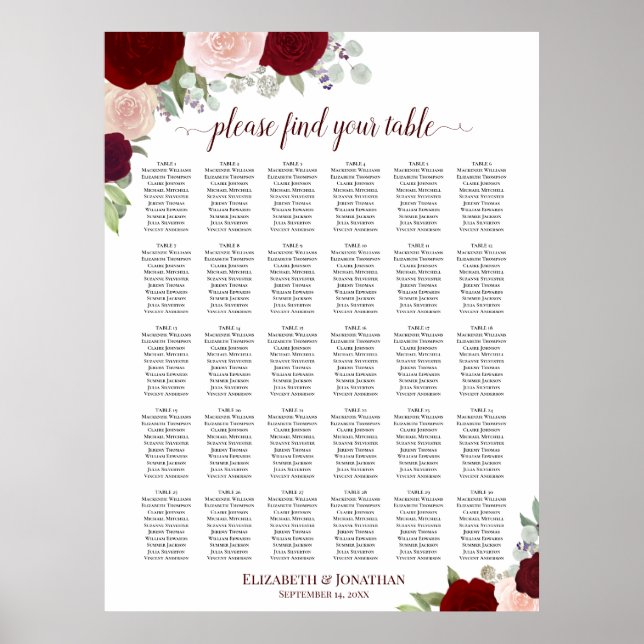 Affiche Chart de placement de mariage à 30 tables avec ros (Devant)
