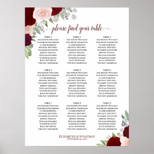 Affiche Chart de placement de mariage à 9 tables avec rose