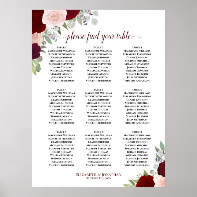 Affiche Chart de placement de mariage à 9 tables avec rose (Devant)