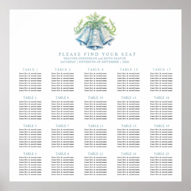 Affiche Chart de placement de mariage avec 20 tables cloch (Devant)