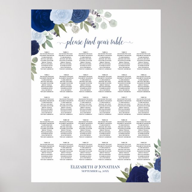 Affiche Chart de placement de mariage élégant avec des ros (Devant)